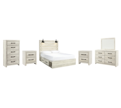 Cambeck Queen Panel Bed with 2 Storage Drawers with Mirrored Dresser, Chest and 2 Nightstands, Whitewash