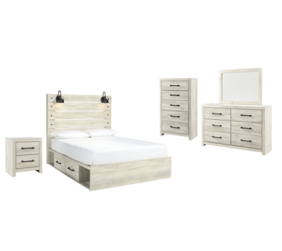 Cambeck Queen Panel Bed with 2 Storage Drawers with Mirrored Dresser, Chest and Nightstand, Whitewash