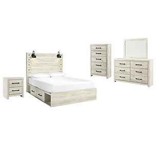 Cambeck Queen Panel Bed with 2 Storage Drawers with Mirrored Dresser, Chest and Nightstand, Whitewash, large