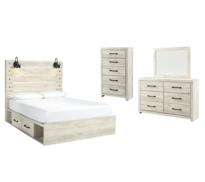 Cambeck Queen Panel Bed with 2 Storage Drawers with Mirrored Dresser and Chest, Whitewash