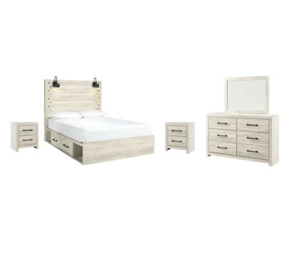 Cambeck Queen Panel Bed with 2 Storage Drawers with Mirrored Dresser and 2 Nightstands, Whitewash