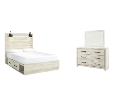 Cambeck Queen Panel Bed with 2 Storage Drawers with Mirrored Dresser, Whitewash