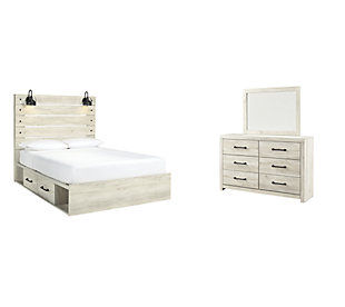 Cambeck Queen Panel Bed with 2 Storage Drawers with Mirrored Dresser, Whitewash, rollover