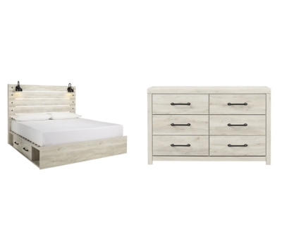 Cambeck King Panel Bed with 2 Storage Drawers with Dresser, Whitewash