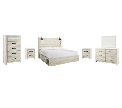 Cambeck King Panel Bed with 2 Storage Drawers with Mirrored Dresser, Chest and 2 Nightstands, Whitewash