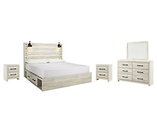 Cambeck King Panel Bed with 2 Storage Drawers with Mirrored Dresser and 2 Nightstands, Whitewash, large