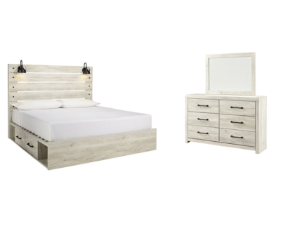 Cambeck King Panel Bed with 2 Storage Drawers with Mirrored Dresser, Whitewash