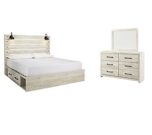 Cambeck King Panel Bed with 2 Storage Drawers with Mirrored Dresser, Whitewash, large