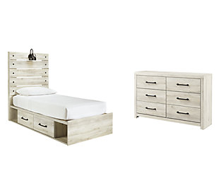 Cambeck Twin Panel Bed with 4 Storage Drawers with Dresser, Whitewash, large