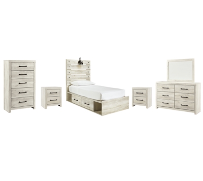 Cambeck Twin Panel Bed with 4 Storage Drawers with Mirrored Dresser, Chest and 2 Nightstands, , grid
