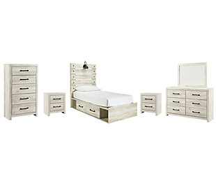 Cambeck Twin Panel Bed with 4 Storage Drawers with Mirrored Dresser, Chest and 2 Nightstands, , large