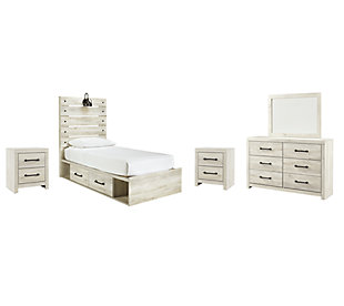 Cambeck Twin Panel Bed with 4 Storage Drawers with Mirrored Dresser and 2 Nightstands, Whitewash, large