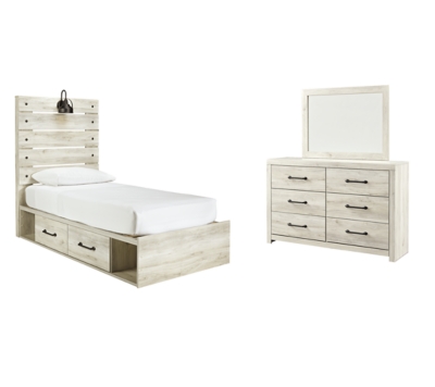 Cambeck Twin Panel Bed with 4 Storage Drawers with Mirrored Dresser, Whitewash, large