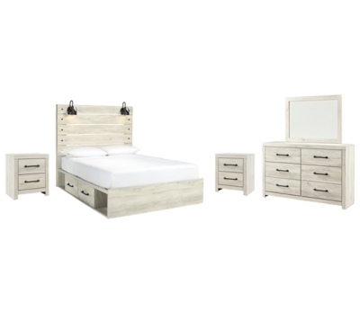 Cambeck Queen Panel Bed with 4 Storage Drawers with Mirrored Dresser and 2 Nightstands, Whitewash