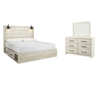 Cambeck King Panel Bed with 4 Storage Drawers with Mirrored Dresser, Whitewash, large