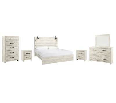 Cambeck King Panel Bed with Mirrored Dresser, Chest and 2 Nightstands, Whitewash