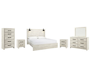 Cambeck King Panel Bed with Mirrored Dresser, Chest and 2 Nightstands, Whitewash, large