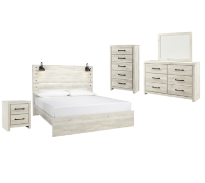 Cambeck King Panel Bed with Mirrored Dresser, Chest and Nightstand, Whitewash