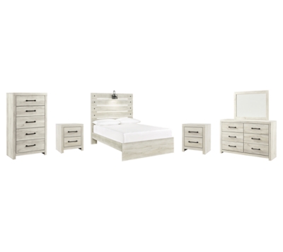 Cambeck Full Panel Bed with Mirrored Dresser, Chest and 2 Nightstands, Whitewash