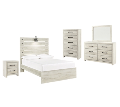 Cambeck Full Panel Bed with Mirrored Dresser, Chest and Nightstand, Whitewash