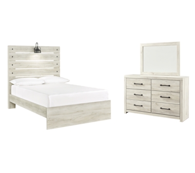 Cambeck Full Panel Bed with Mirrored Dresser, Whitewash