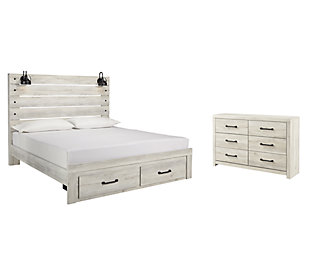 Cambeck King Panel Bed with 2 Storage Drawers with Dresser, Whitewash, large