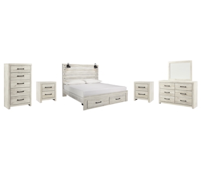 Cambeck King Panel Bed with 2 Storage Drawers with Mirrored Dresser, Chest and 2 Nightstands, Whitewash