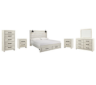 Cambeck King Panel Bed with 2 Storage Drawers with Mirrored Dresser, Chest and 2 Nightstands, Whitewash, large