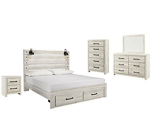 Cambeck King Panel Bed with 2 Storage Drawers with Mirrored Dresser, Chest and Nightstand, Whitewash, large