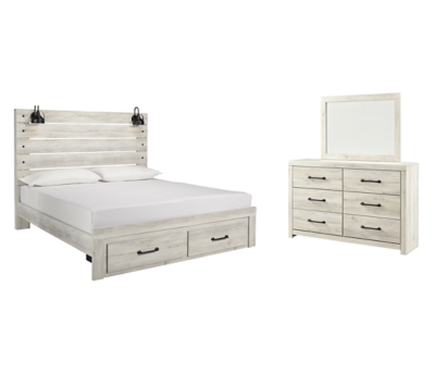 Cambeck King Panel Bed with 2 Storage Drawers with Mirrored Dresser, Whitewash