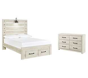 Cambeck Full Panel Bed with 2 Storage Drawers with Dresser, Whitewash, large