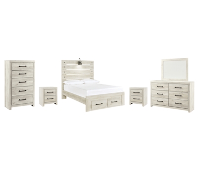 Cambeck Full Panel Bed with 2 Storage Drawers with Mirrored Dresser, Chest and 2 Nightstands, Whitewash