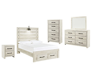 Cambeck Full Panel Bed with 2 Storage Drawers with Mirrored Dresser, Chest and Nightstand, Whitewash, large