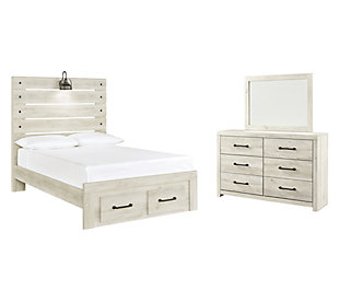 Cambeck Full Panel Bed with 2 Storage Drawers with Mirrored Dresser, Whitewash, large