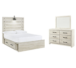 Cambeck Full Panel Bed with 4 Storage Drawers with Mirrored Dresser, Whitewash, large