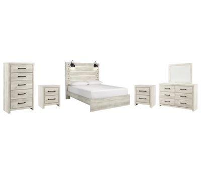 Cambeck Queen Panel Bed with Mirrored Dresser, Chest and 2 Nightstands, Whitewash