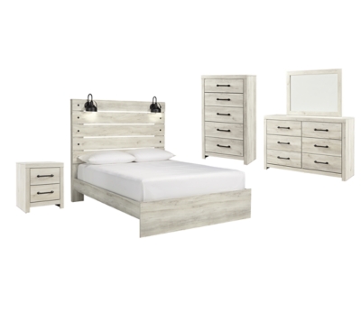 Cambeck Queen Panel Bed with Mirrored Dresser, Chest and Nightstand, Whitewash