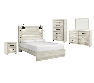 Cambeck Queen Panel Bed with Mirrored Dresser, Chest and Nightstand, Whitewash, rollover