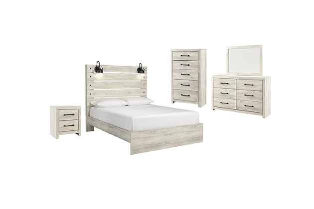 Cambeck Queen Panel Bed With Mirrored, Dresser And Nightstand Set Whitewash