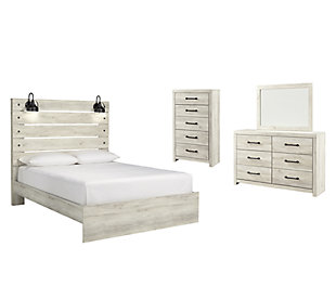 Cambeck Queen Panel Bed with Mirrored Dresser and Chest, Whitewash, rollover