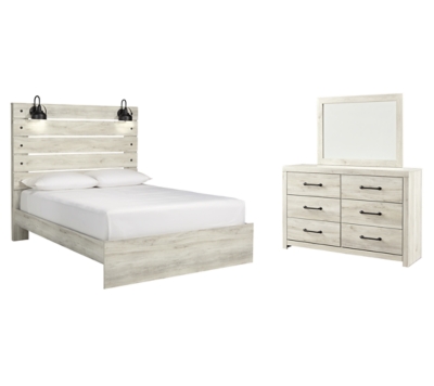 Cambeck Queen Panel Bed with Mirrored Dresser, Whitewash