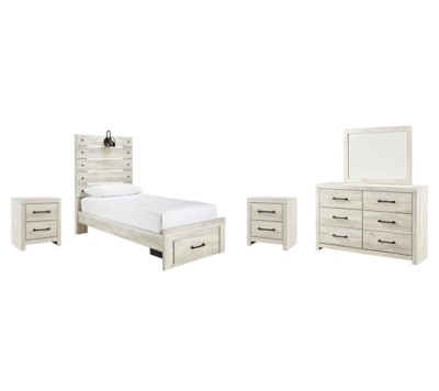 Cambeck Twin Panel Bed with 1 Storage Drawer with Mirrored Dresser and 2 Nightstands, Whitewash, large