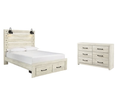 Cambeck Queen Panel Bed with 2 Storage Drawers with Dresser, Whitewash, large