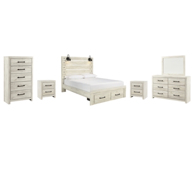 Cambeck Queen Panel Bed with 2 Storage Drawers with Mirrored Dresser, Chest and 2 Nightstands, Whitewash, large