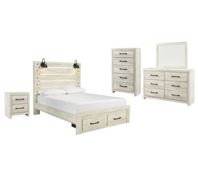 Cambeck Queen Panel Bed with 2 Storage Drawers with Mirrored Dresser, Chest and Nightstand, Whitewash, large