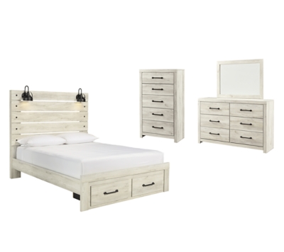 Cambeck Queen Panel Bed with 2 Storage Drawers with Mirrored Dresser ...