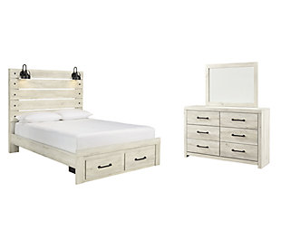 Cambeck Queen Panel Bed with 2 Storage Drawers with Mirrored Dresser, Whitewash, large