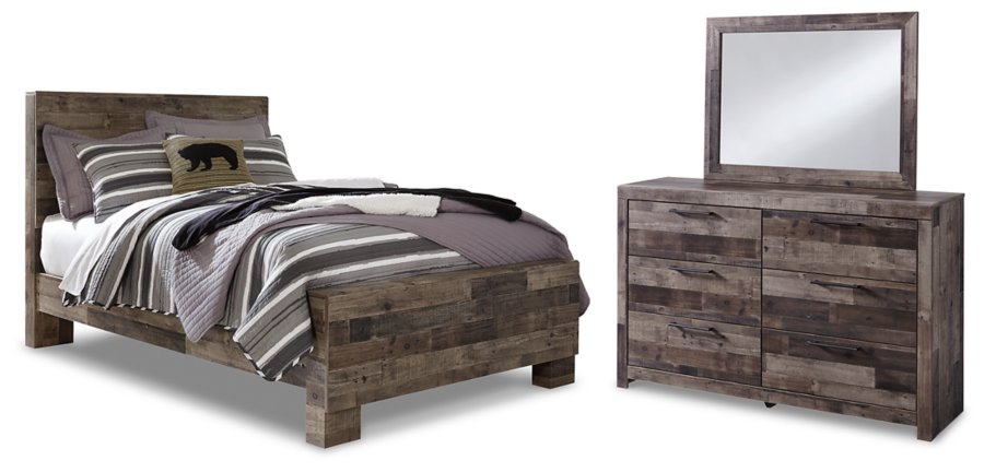 Cama con paneles Derekson, cómoda y espejo - image 1
