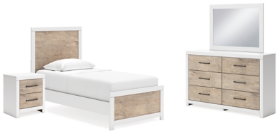 Charbitt Twin Panel Bed with Mirrored Dresser and Nightstand, Two-tone