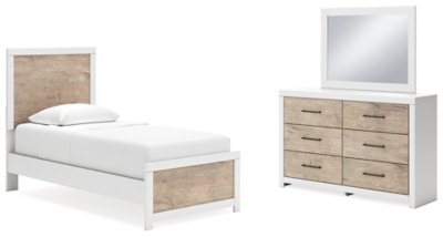 Charbitt Twin Panel Bed with Mirrored Dresser, Two-tone